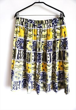 Vintage Plated Skirt, Midi, Blue, Yellow, High waist 
