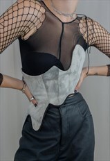 Up-cycled hand-dyed beig and black asymmetrical jeans top/co