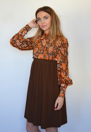 VINTAGE 70S BROWN & ORANGE PAISLEY HIPPY BOHEMIAN DRESS