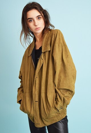 90'S RETRO TAN GENUINE SUEDE OVERSIZED DADS BOMBER JACKET
