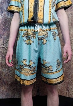 Baroque shorts golden flower print crop board pants in blue