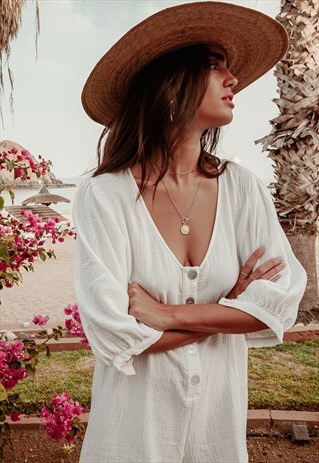 LOOSE FIT SHORT LINEN PLAYSUIT ROMPER SUSTAINABLE- KHAKI