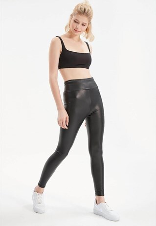 High Waist Raised Leather Look Black Leggings