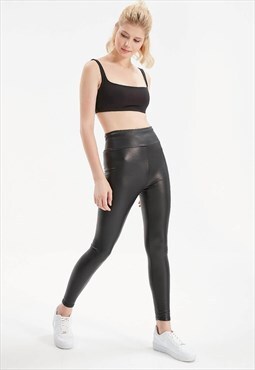 High Waist Raised Leather Look Black Leggings