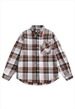 Checked grunge shirt plaid retro blouse pocket top in brown