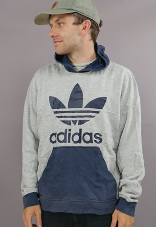 VINTAGE ADIDAS ORIGINALS HOODIE IN GREY & BLUE WITH LOGO