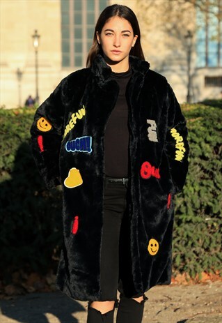 LONGLINE CHUNKY FAUX FUR COAT WITH PATCHES