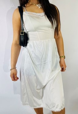 Vintage Size S 1970s Sheer Lace Midi Slip Dress in White