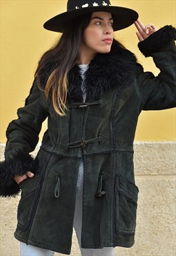 Black Real Suede Shearling Winter Coat with Faux Fur Collar