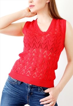 Red Knit Top See Through Open Knitted Sleeveless Vest 