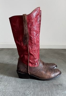 Vintage real leather cowboy boots in brown and red