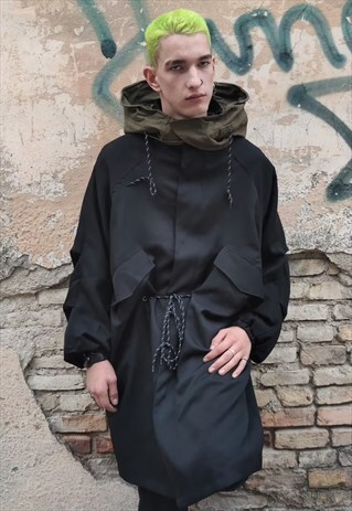 LOOSE UNUSUAL HOODED FINISH MAC UTILITY TRENCH COAT BLACK