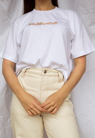 WHITE EMBROIDERED SLOGAN T-SHIRT IN GOLD FONT BOYFRIEND FIT