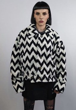 Striped fleece jacket zigzag catwalk bomber geometric coat