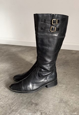 VINTAGE Y2K 00S REAL LEATHER BLACK BOOTS WITH BUCKLES