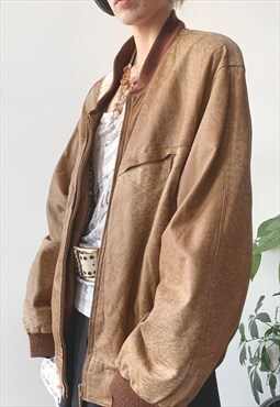 Vintage Y2K Unisex Camel Brown Real Leather Bomber Jacket
