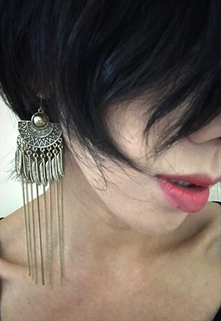 VINTAGE STYLE FEATHER EARRING WITH TASSELS