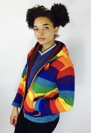 VINTAGE FLEECE LINED WOOL BOHO RAINBOW JACKET