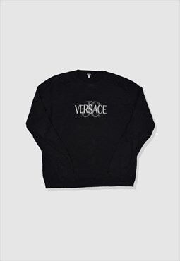 Vintage 90s Versace Embroidered Logo Knit Sweatshirt Black
