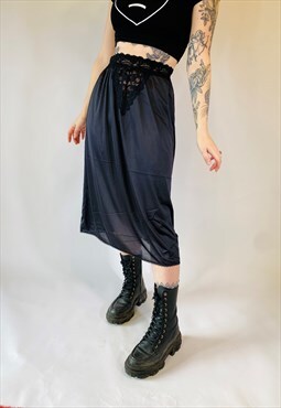 Vintage 90s 00s Y2K Grunge Satin Black Lace Skirt