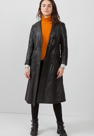 VINTAGE BLACK FINN FANT LEATHER TRENCH COAT