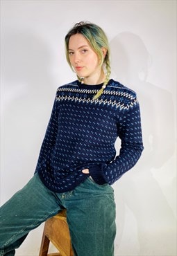 Vintage Size L Chunky Knitted Patterned Jumper in Blue