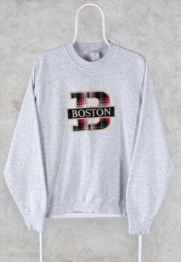 Vintage Grey USA Boston Sweatshirt Embroidered Logo L
