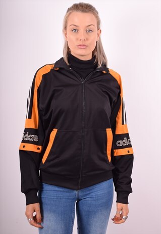 ADIDAS WOMENS VINTAGE TRACKSUIT TOP JACKET LARGE BLACK 90S
