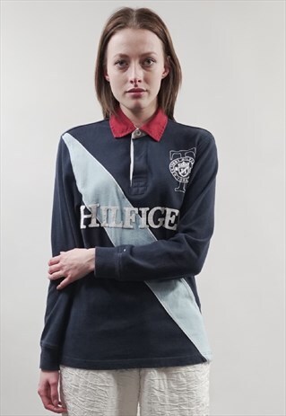 VINTAGE 90'S TOMMY HILFIGER CONTRAST LOGO NAVY POLO TOP