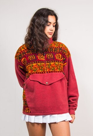 VINTAGE 90'S WAVEY FESTIVAL RED QUARTER ZIP FLEECE JACKET