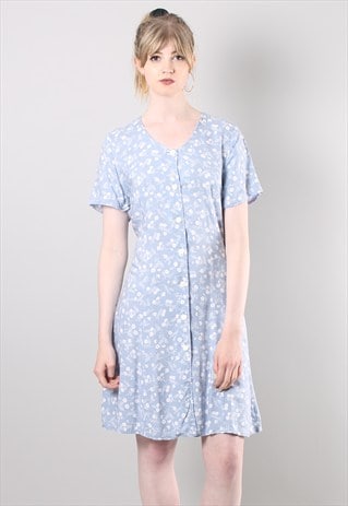 VINTAGE 90S BLUE FLORAL PATTERNED BUTTON TIE BACK DRESS