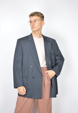 Vintage dark blue checkered classic 80's wool suit blazer