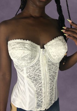 Vintage 90s Lace Zip Up Bustier Corset in White