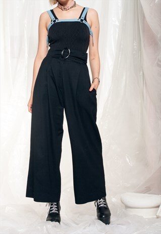 VINTAGE TROUSERS 80S WIDE-LEG PALAZZO PANTS BLACK HIGH WAIST