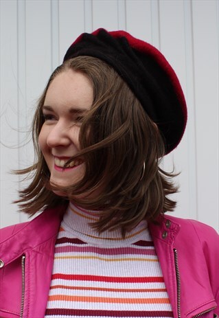 VINTAGE PINK AND BLACK PLEATED TWO TONE WOOL BERET