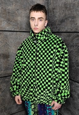 Check fleece jacket green handmade reversible chess coat