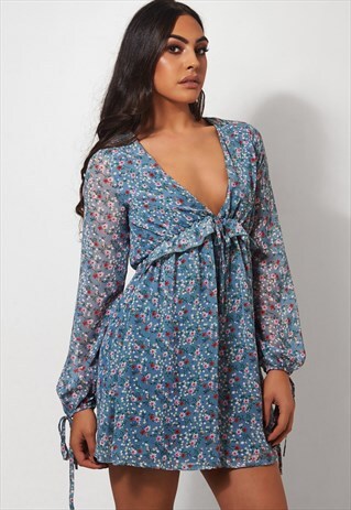 EVA BLUE FLORAL RUFFLE DRESS