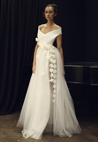 LONG WHITE NET EVENING/ WEDDING GOWN WITH SIDE OPEN