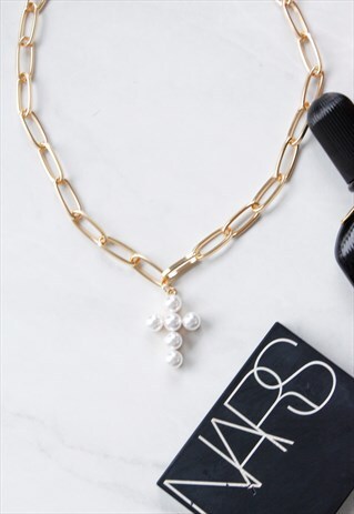 GOLD & PEARL CROSS CHOKER STATEMENT NECKLACE