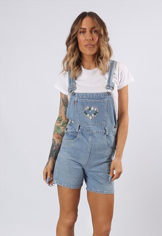 DENIM DUNGAREE SHORTS FLORAL EMBROIDERED VINTAGE UK 8 (5EN)