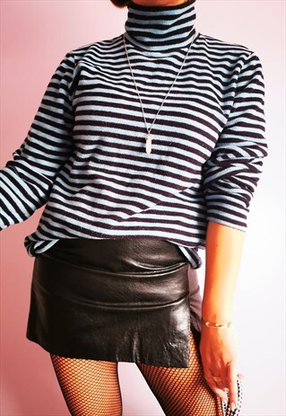 VINTAGE 90'S BLUE STRIPED TURTLENECK FLEECE JUMPER TOP