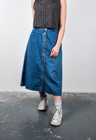 VINTAGE 1990S BLUE DENIM BUTTON DOWN MIDI SKIRT