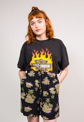 VINTAGE 90'S BLACK PALM TREE PATTERN CULOTTES SHORTS
