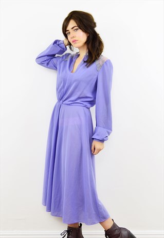 VINTAGE 80S LILAC LACE TRIM LONG SLEEVED MIDI DRESS