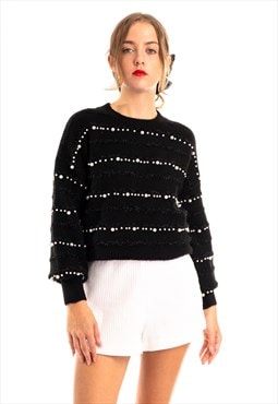 Pearl embellished soft knit jumper in black