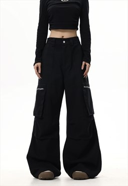 Parachute joggers cargo pocket pants rave trousers in black
