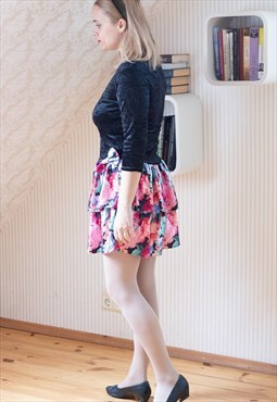Velour black top and floral skirt dress