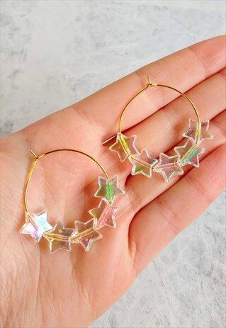 CLEAR IRIDESCENT CANDY STAR GOLDEN HOOP EARRINGS