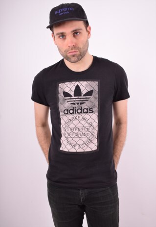 ADIDAS MENS VINTAGE T-SHIRT TOP MEDIUM BLACK 90'S