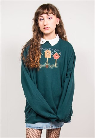 VINTAGE 90'S GREEN BIRD PRINT CUTE COLLARED SWEATSHIRT